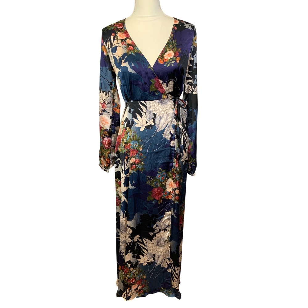 Lulus Small Put On A Smile Satin Dark Garden Floral Long Sleeve Maxi Wrap Dress